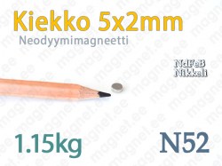 Neodyymimagneetti Kiekko 5x2mm, N52, Nikkeli