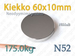 Neodyymimagneetti Kiekko 60x10mm, N52, Nikkeli