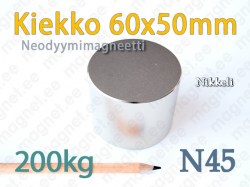 Neodyymimagneetti Kiekko 60x50mm, N45, Nikkeli
