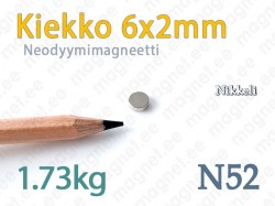 Neodyymimagneetti Kiekko 6x2mm, N52, Nikkeli
