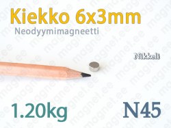 Neodyymimagneetti Kiekko 6x3mm, N45, Nikkeli