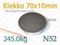 Neodyymimagneetti Kiekko 70x10mm, N52, Nikkeli