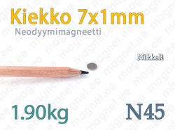 Neodyymimagneetti Kiekko 7x1mm, N45, Nikkeli