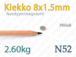 Neodyymimagneetti Kiekko 8x1,5mm, N52, Nikkeli
