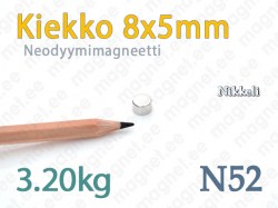 Neodyymimagneetti Kiekko 8x5mm, N52, Nikkeli
