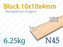 Neodymium magnet Block 10x10x4mm, N45, Nickel