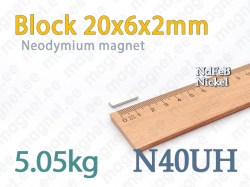 Neodymium magnet Block 20x6x2mm, N40UH, Nickel