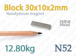 Neodymium magnet Block 30x10x2mm, N52, Nickel