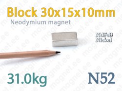 Neodymium magnet Block 30x15x10mm, N52, Nickel