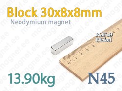 Neodymium magnet Block 30x8x8mm, N45, Nickel