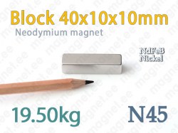 Neodymium magnet Block 40x10x10mm, N45, Nickel