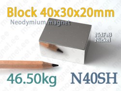 Neodymium magnet Block 40x30x20mm, N40SH, Nickel