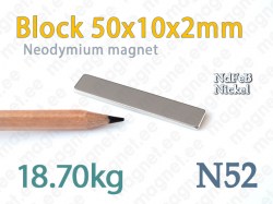 Neodymium magnet Block 50x10x2mm N52, Nickel