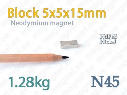 Neodymium magnet Block 5x5x15mm, N45, Nickel