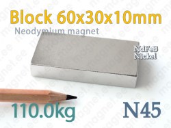 Neodymium magnet Block 60x30x10mm, N45, Nickel