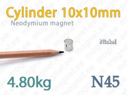Neodymium magnet Cylinder 10x10mm N45, Nickel