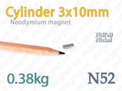 Neodymium magnet Cylinder 3x10mm N52, Nickel