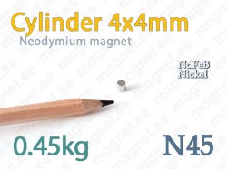 Neodymium magnet Cylinder 4x4mm N45, Nickel