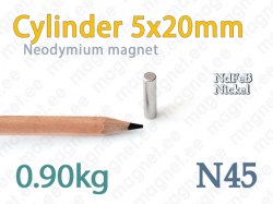 Neodymium magnet Cylinder 5x20mm N45, Nickel