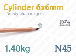Neodymium magnet Cylinder 6x6mm N45, Nickel
