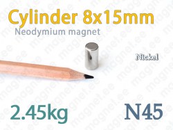 Neodymium magnet Cylinder 8x15mm N45, Nickel