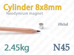 Neodymium magnet Cylinder 8x8mm N45, Nickel