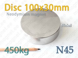 Neodymium magnet Disc 100x30mm N45, Nickel
