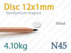 Neodymium magnet Disc 12x1mm N45, Nickel