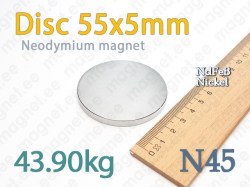 Neodymium magnet Disc 55x5mm N45, Nickel