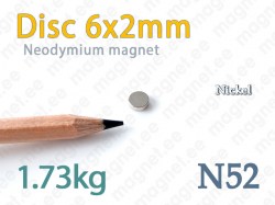 Neodymium magnet Disc 6x2mm N52, Nickel