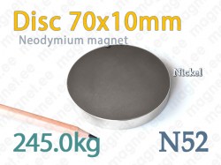 Neodymium magnet Disc 70x10mm N52, Nickel