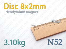 Neodymium magnet Disc 8x2mm, N52, Nickel