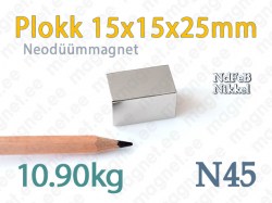 Plokkmagnet - Neodüümmagnet Plokk 15x15x25mm, N45, Nikkel