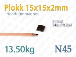 Plokkmangetid: Neodüümmagnet Plokk 15x15x2mm, N45, Must Nikkel
