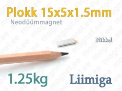 Liimitav neodüümmagnet, Plokk 15x5x1.5mm, Nikkel