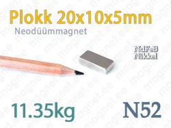 Neodüümmagnet Plokk 20x10x5mm, N52, Nikkel