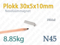 Neodüümmagnet Plokk 30x5x10mm N45, Nikkel