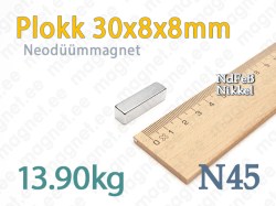 Neodüümmagnet Plokk 30x8x8mm, N45, Nikkel