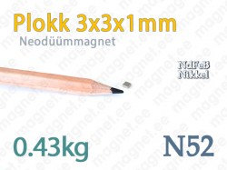 Plokkmagnet: Neodüümmagnet Plokk 3x3x1mm, N52, Nikkel
