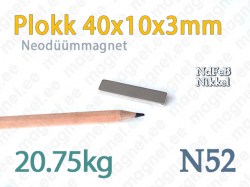 Neodüümmagnet Plokk 40x10x3mm, N52, Nikkel