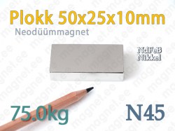 Neodüümmanget Plokk 50x50x10mm, N45, Nikkel