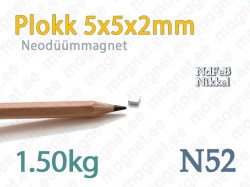 Plokkmagnetid: Neodüümmagnet Plokk 5x5x2mm N52 Nikkel