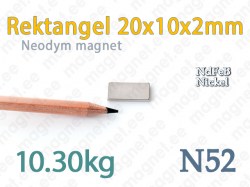 Neodymmagnet Rektangel 20x10x2mm, N52, Nickel