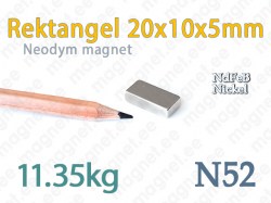 Neodymmagnet Rektangel 20x10x5mm, N52, Nickel
