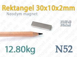 Neodymmagnet Rektangel 30x10x2mm, N52, Nickel