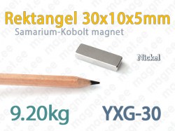 SmCo magnet Rektangel 30x10x5mm, YXG30, Nickel