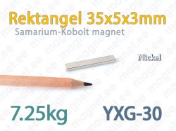 SmCo magnet Rektangel 35x5x3mm, YXG30, Nickel