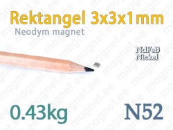 Neodymmagnet Rektangel 3x3x1mm, N52, Nickel