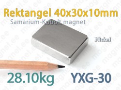 SmCo magnet Rektangel 40x30x10mm, YXG30, Nickel