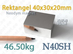 Neodymmagnet Rektangel 40x30x20mm N40SH, Nickel